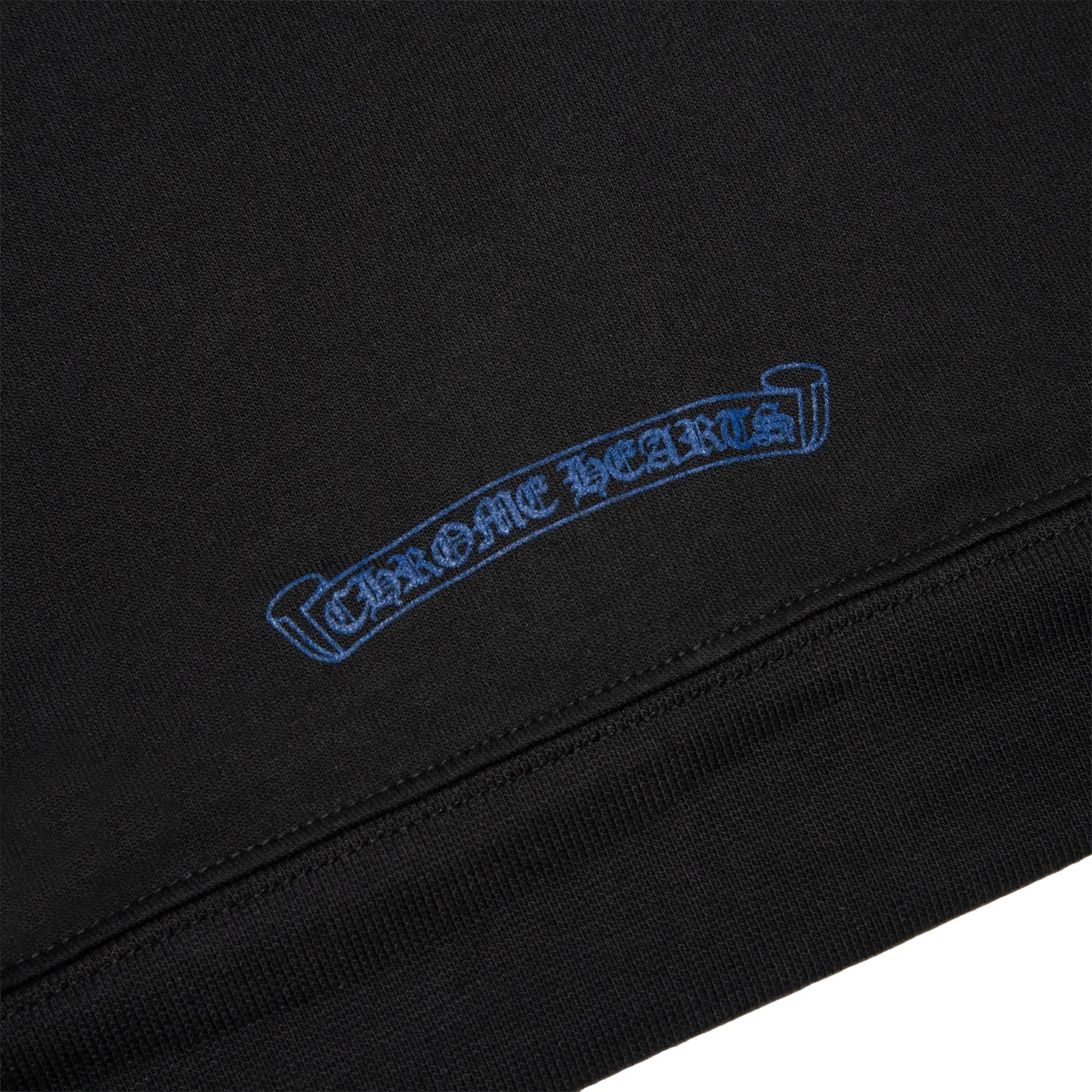 Back Logo View of Chrome Hearts 1988 Script Logo Zip-Up Black Blue Hoodie